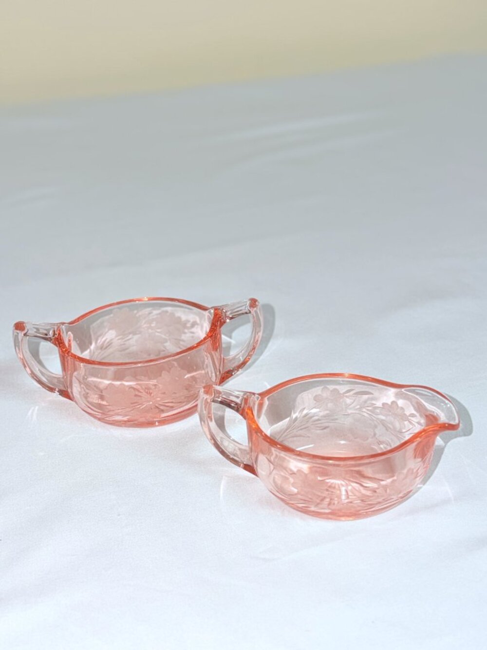Vintage Pink Depression Glass Creamer & Sugar Bowl Set Floral Etched - Picture 2 of 4